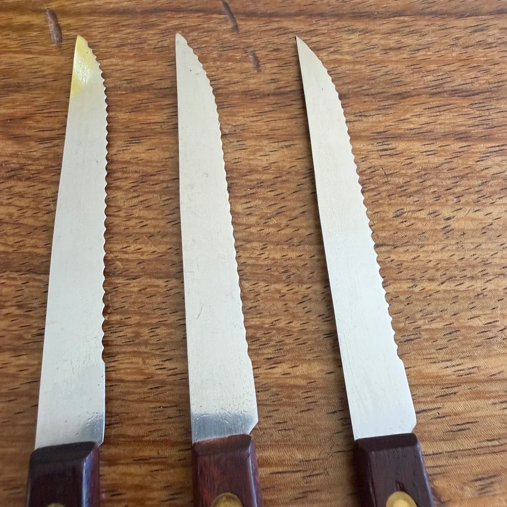 Hanford Forge Steak Knives Set of 3 Serrated Stainless Japan Wood Handle Brass